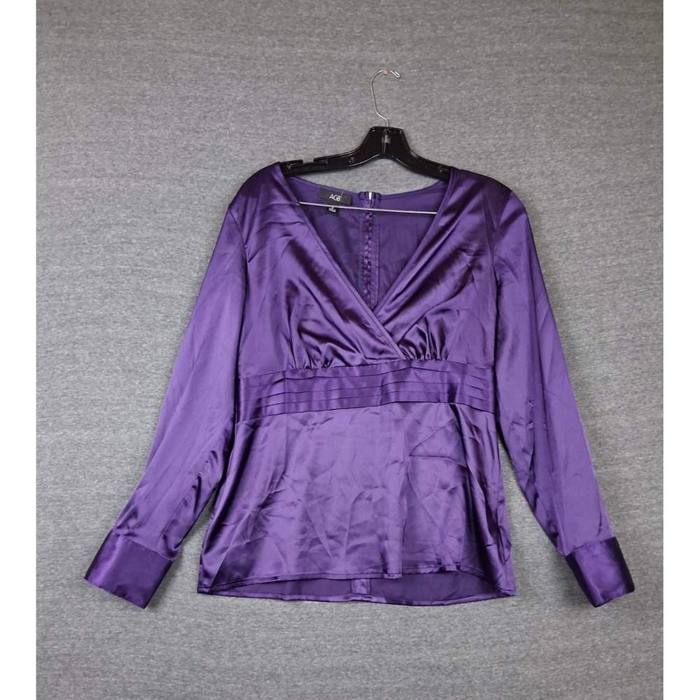 AGB Womens Shirt M Purple Satin V Neck Pleated Y2K Mob Wife Dark Feminine Chic